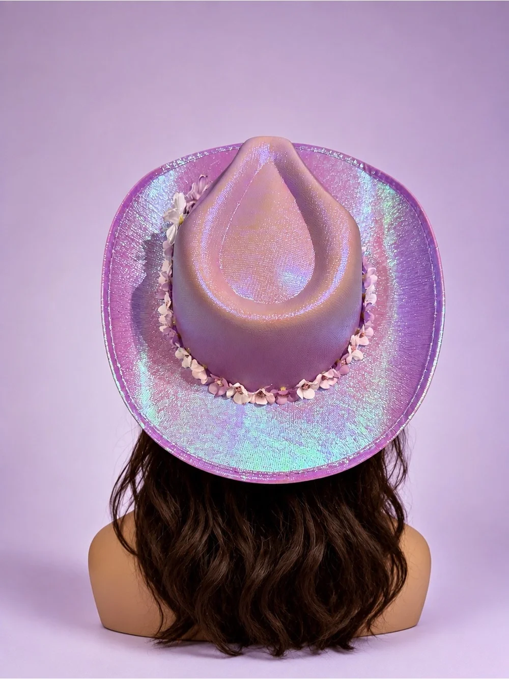 Iridescent Purple Cowboy Hat with Handmade Floral Hat Band